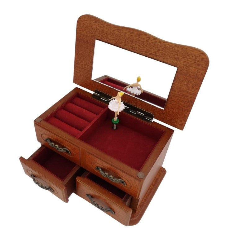 Wooden Music Box with Mirror and Engraving – an Elegant Jewelry Gift with Two Drawers, Height 10 cm, Melody “The Entertainer”