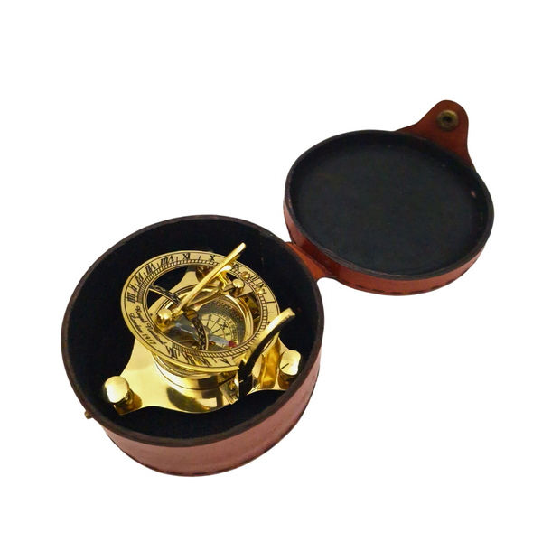 Brass Compass and Sundial in a Leather Case - SUN023F