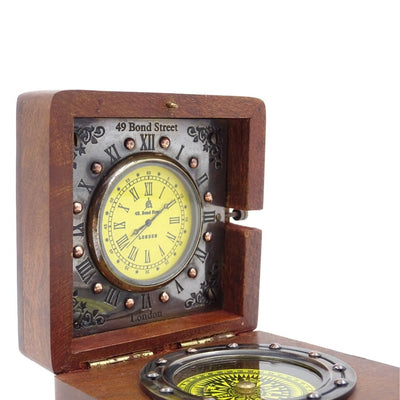 Retro Compass and Clock in a Wooden Box with Custom Engraving