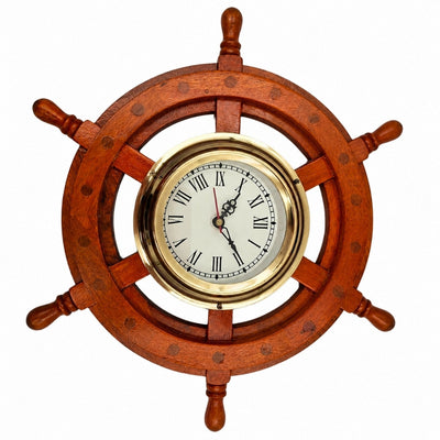 Nautical Clock in a Wooden Ship's Wheel with Brass