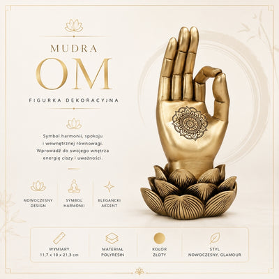 Gold Buddha Hand Mudra OM Figurine - Yoga Lotus Flower - 43724