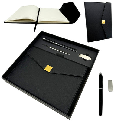 Elegant Premium Gift Set – A5 Notebook with Pen and 16GB Flash Drive in Box – Black and Gold – EE9