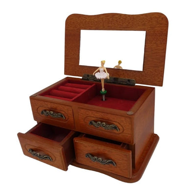 Wooden Music Box with Mirror and Engraving – an Elegant Jewelry Gift with Two Drawers, Height 10 cm, Melody “The Entertainer”