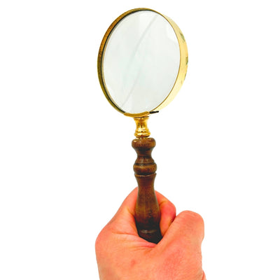 Brass Retro Magnifying Glass with Wooden Handle - 18 cm Magnifier with Personalization and Engraving Option