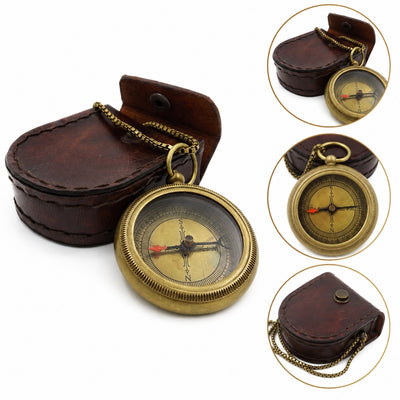 Stylish Brass Compass with Chain in Leather Case - COM-0470A