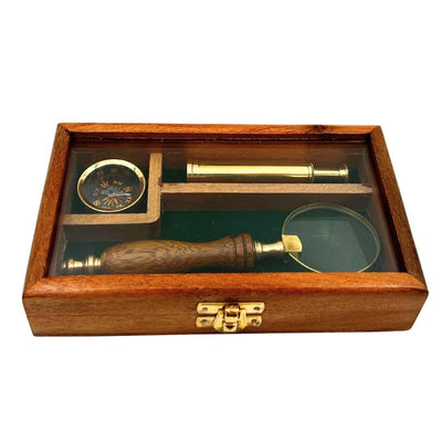 Traveler's Set – Spyglass + Compass + Magnifying Glass in a Wooden Box – NC2677AZ