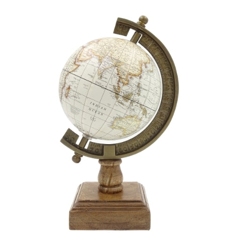 Stylish Decorative Amundsen Globe on a Wooden Base with Engraving - Elegant Decoration for Classic, Loft, and Colonial Interiors, Perfect Gift - Height 26.5 cm, White-Brown Color, Educational Accent in English