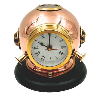 Desk Clock: Diver's Helmet with Compass - Brass on a Wooden Base – TC032