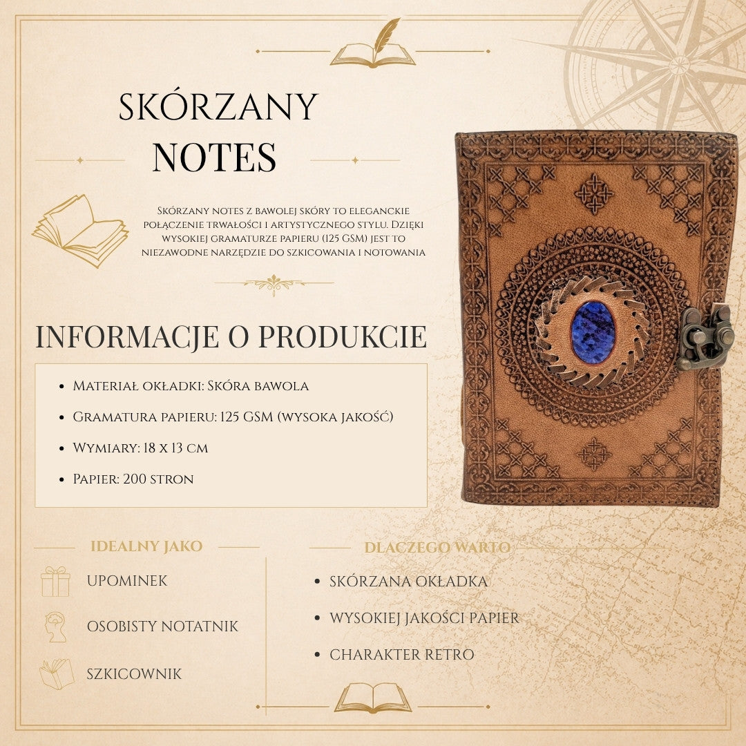 Retro Leather Notebook with Stone - Buffalo Leather - AH16