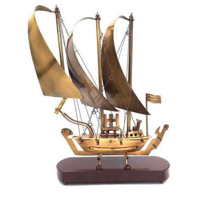 Large Brass Ship on a Wooden Base - 38cm - N-3615B