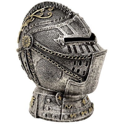Decorative Knight's Helmet Money Box with Engraving – Antique Silver, 13 cm