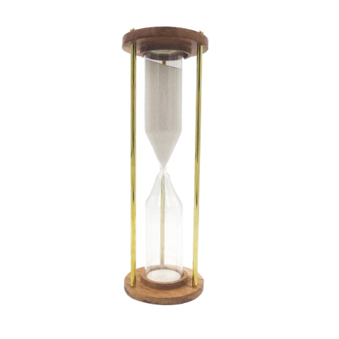 Brass and Wooden 30-Minute Hourglass with Engraving Personalization Option – an Elegant Gift for Any Occasion, Height 30.5 cm, White Sand, Classic Materials