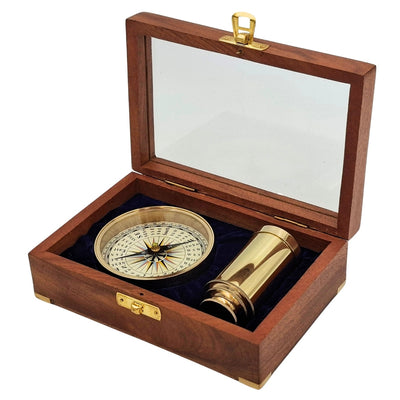 Gift Set with Brass Compass and Telescope in an Elegant Wooden Box with Engraving