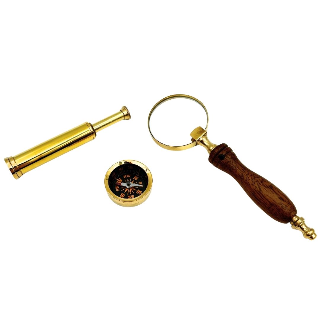Traveler's Set – Spyglass + Compass + Magnifying Glass in a Wooden Box – NC2677AZ