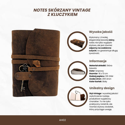 Retro Leather Notebook with Key and Strap 200 Pages 18 x 13 cm - AH02