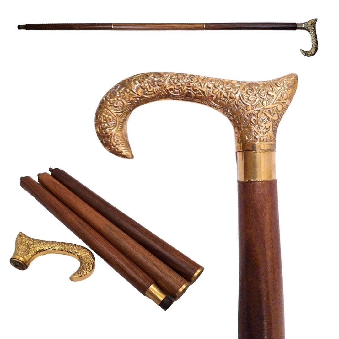 Wooden Walking Cane with Golden Handle - Foldable - Elegant Gift with Personalized Engraving Option - 91.5 cm, Brown with Brass Grip
