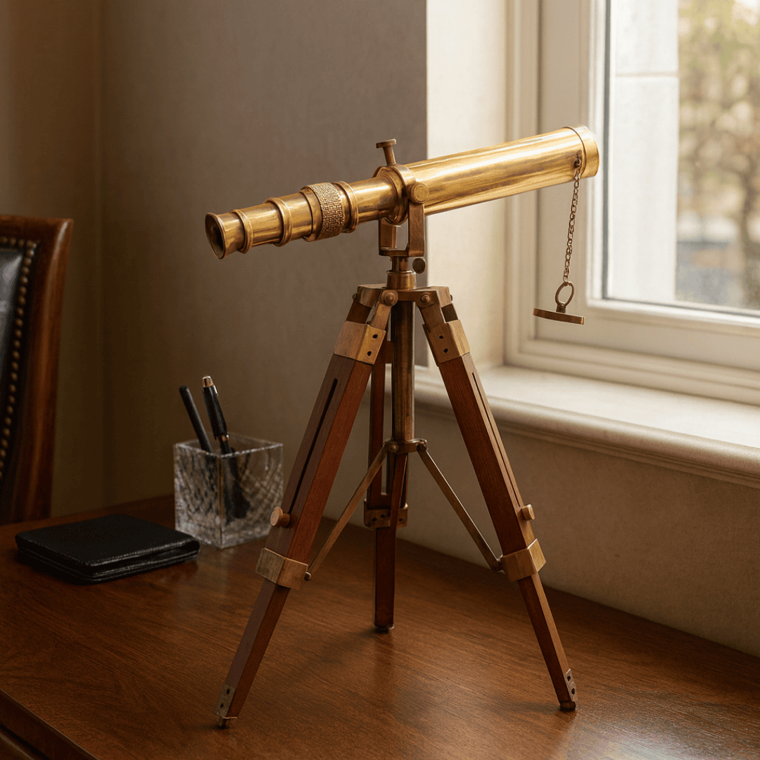 Retro Brass Spyglass on a Wooden Tripod – Adjustable Height – SR010