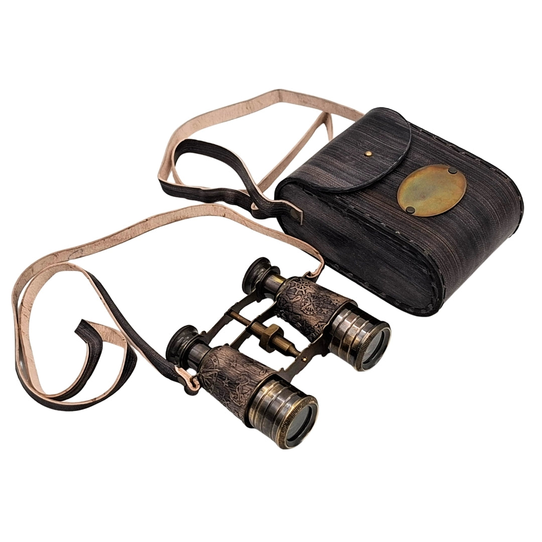 Brass Retro Binoculars in Leather Case with Personalization and Engraving Option