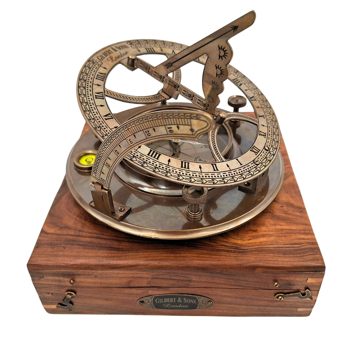 Large Brass XXL Compass with Sundial in Elegant Wooden Box