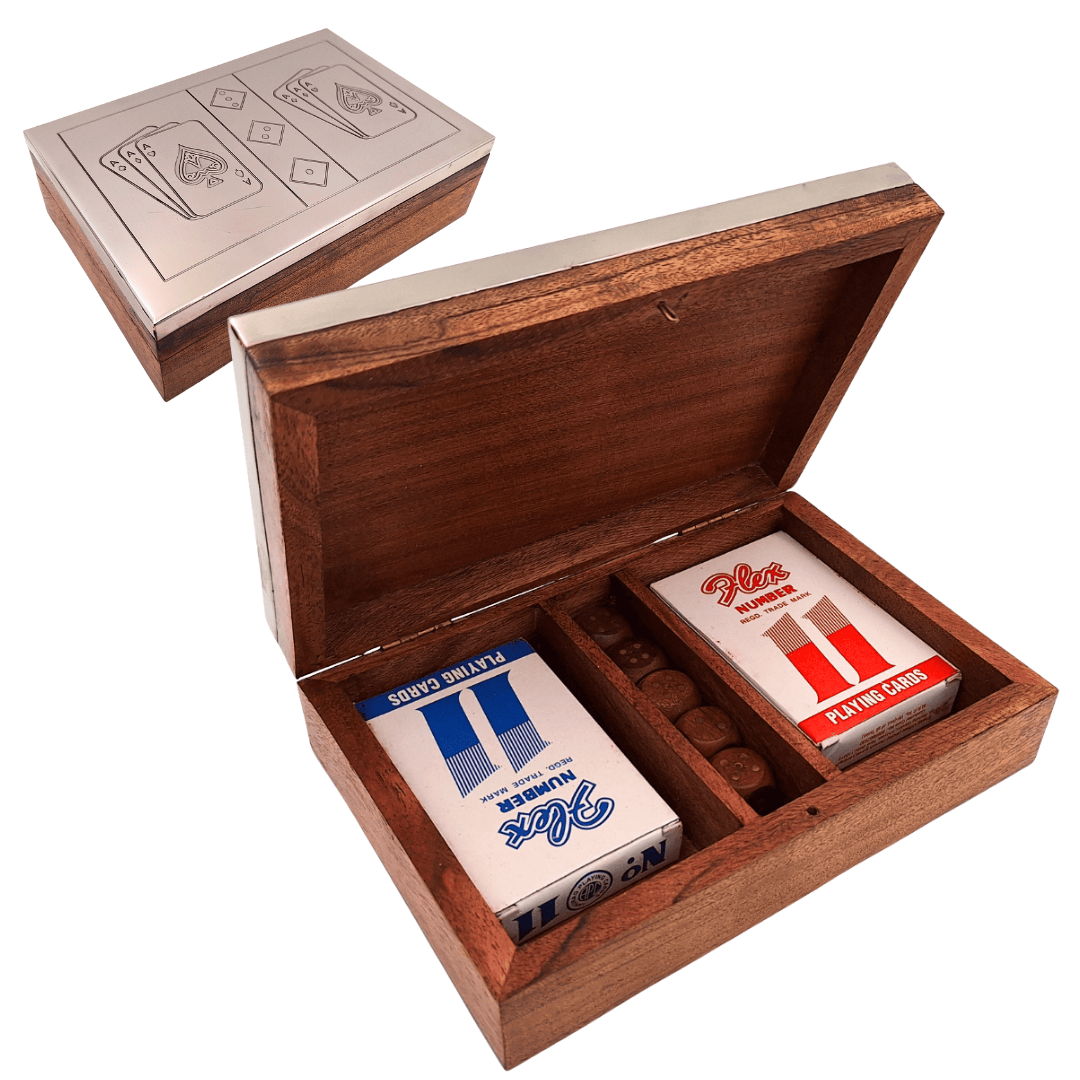 Two Decks of Cards and Dice in a Wooden Box with an Aluminum Top - DC-004