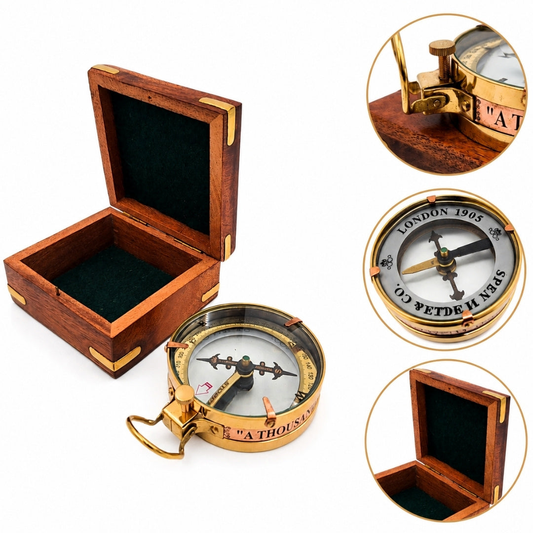 Brass Map Reader Compass in a Retro Wooden Box - NC1087