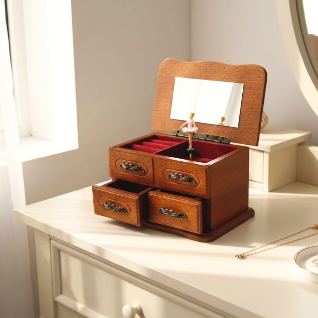 Wooden Music Box with Mirror and Engraving – an Elegant Jewelry Gift with Two Drawers, Height 10 cm, Melody “The Entertainer”