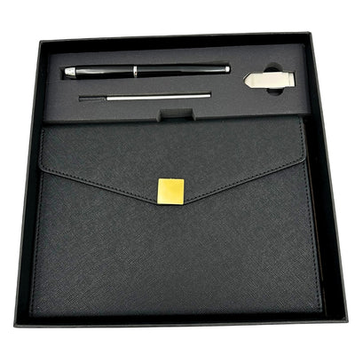 Elegant Premium Gift Set – A5 Notebook with Pen and 16GB Flash Drive in Box – Black and Gold – EE9
