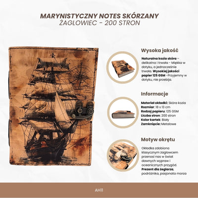 Retro Nautical Leather Notebook with Sailing Ship - Gift for a Sailor – AH11