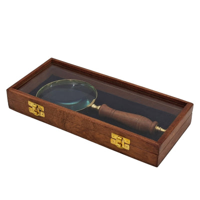 Magnifying Glass with Wooden Handle and Brass Finish in an Elegant Box with Glass Top - Ideal Gift with Engraving Option - Dimensions 23 x 10 cm, Natural Materials