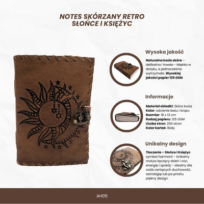 Retro Leather Notebook 200 Pages Sun and Moon 200 Pages - AH05
