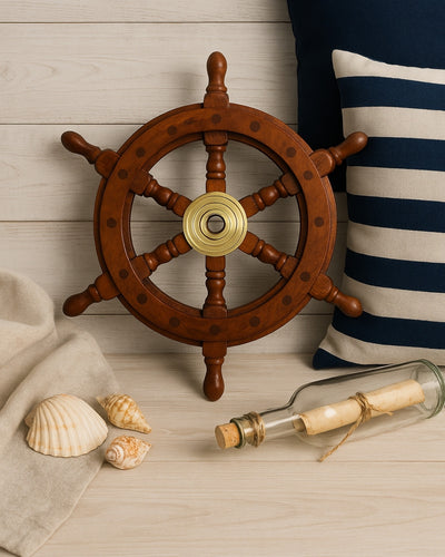 Wooden Ship's Wheel with Brass Insert and Slot for Wedge - Diameter 30 cm - Perfect Gift with Personalized Engraving Option - Nautical and Retro Style