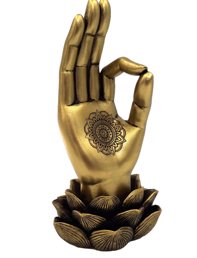Gold Buddha Hand Mudra OM Figurine - Yoga Lotus Flower - 43724