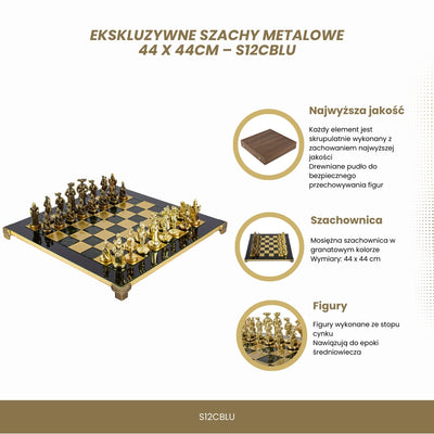 Exclusive Metal Chess Set – Brass Chessboard 44 x 44cm – Medieval – S12CBLU