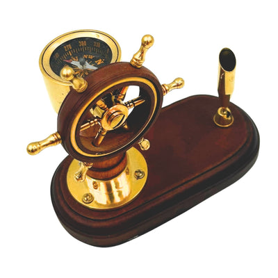 Elegant Desk Set: Ship's Wheel and Compass with Pen Holder – Wood, Brass – TT017