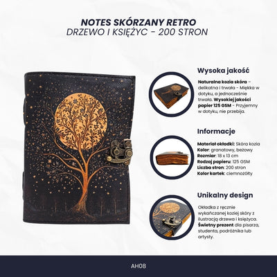 Vintage Retro Leather Notebook Tree and Moon 200 Pages – AH08