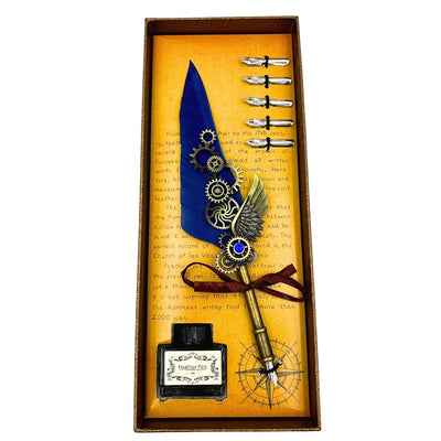 Retro Calligraphy Set with Blue Goose Quill Vintage 6 Nibs Ink Gift – EE11
