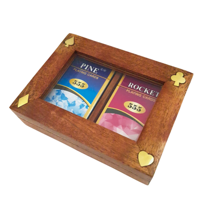 Two Decks of Cards in a Wooden Box with a Glass Top - DNU-007