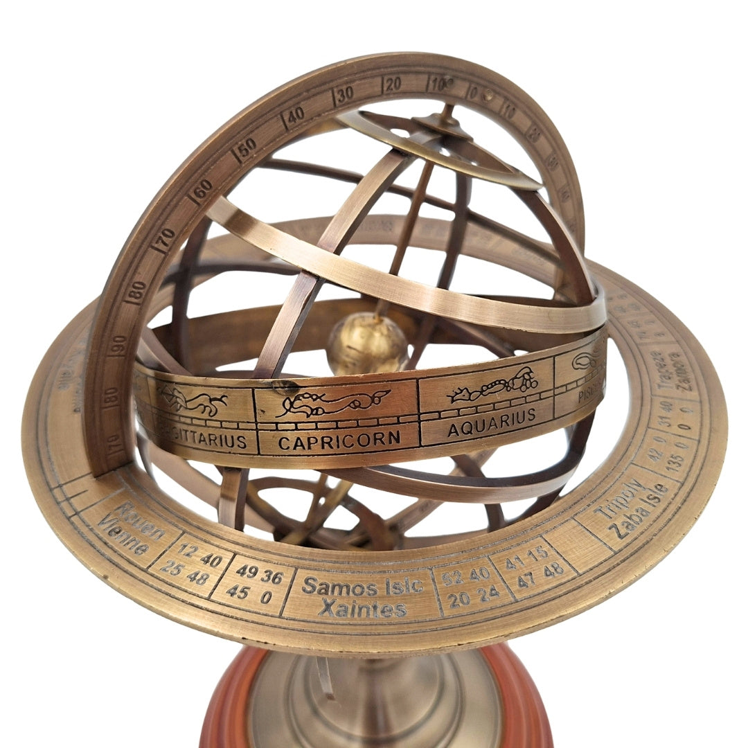 Spherical Brass Astrolabe on a 28 cm Wooden Base with Personalization and Engraving Option