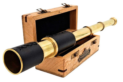 Elegant Retro Brass Nautical Spyglass with Custom Engraving in a Wooden Jewelry Box
