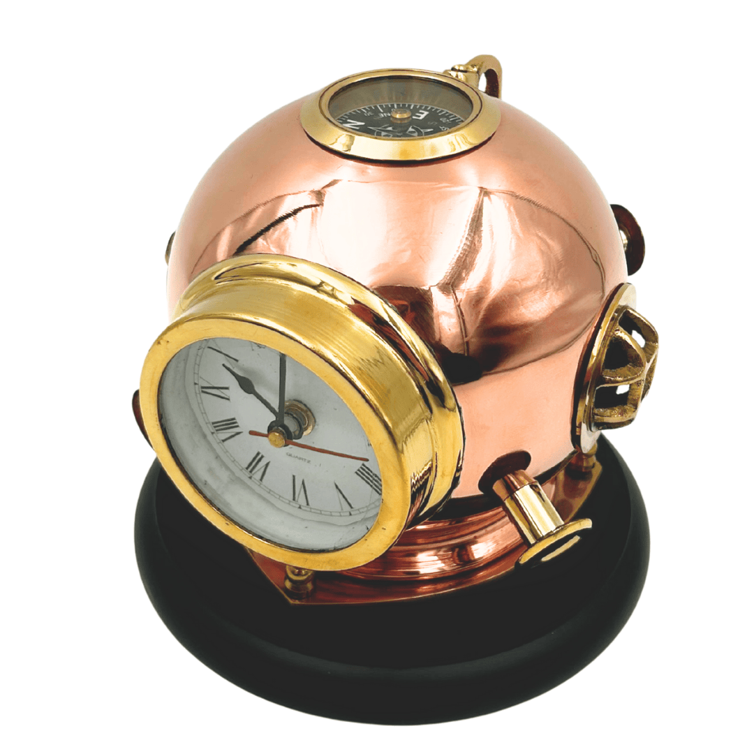 Desk Clock: Diver's Helmet with Compass - Brass on a Wooden Base – TC032