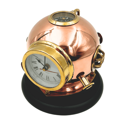 Desk Clock: Diver's Helmet with Compass - Brass on a Wooden Base – TC032