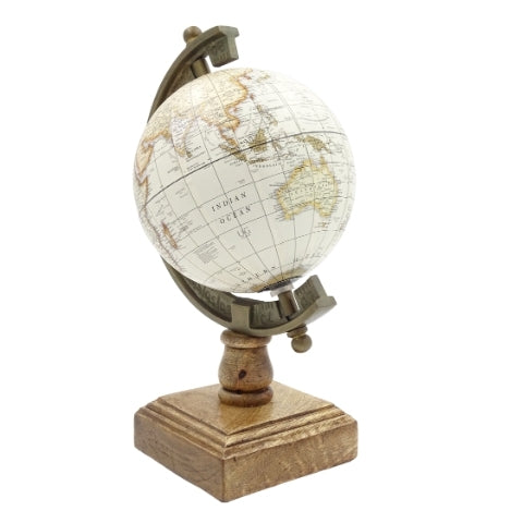 Stylish Decorative Amundsen Globe on a Wooden Base with Engraving - Elegant Decoration for Classic, Loft, and Colonial Interiors, Perfect Gift - Height 26.5 cm, White-Brown Color, Educational Accent in English