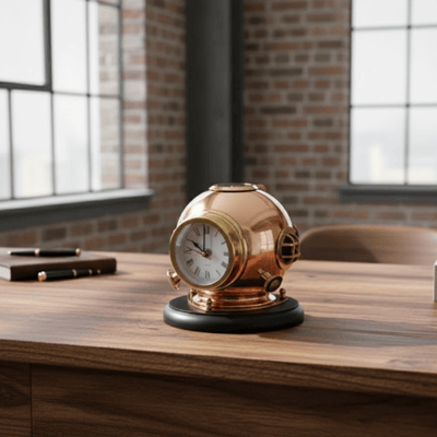 Desk Clock: Diver's Helmet with Compass - Brass on a Wooden Base – TC032