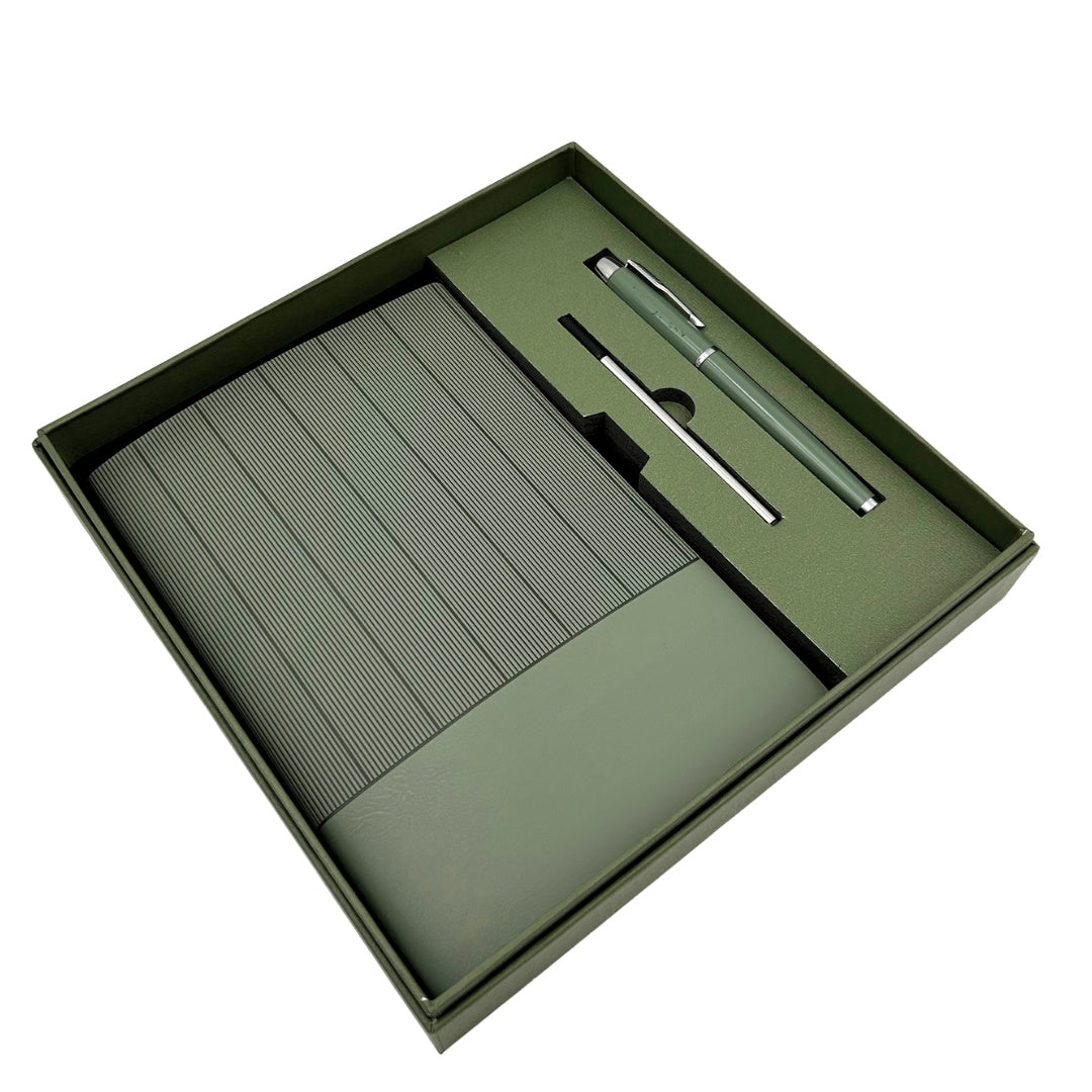 Elegant Gift Set - Leather A5 Notebook with Pen in a Gift Box - Olive Green - EE14
