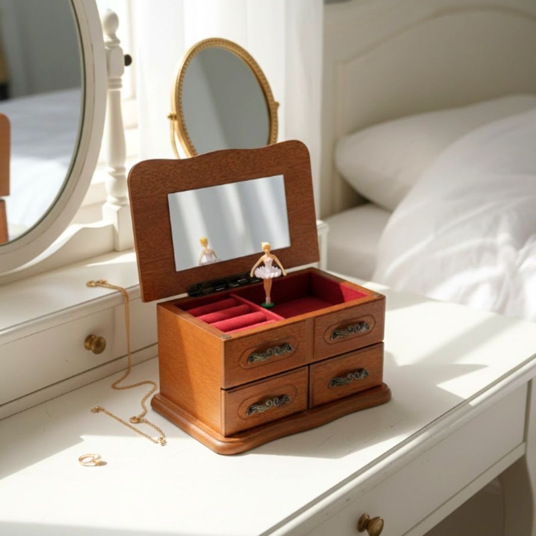 Wooden Music Box with Mirror and Engraving – an Elegant Jewelry Gift with Two Drawers, Height 10 cm, Melody “The Entertainer”