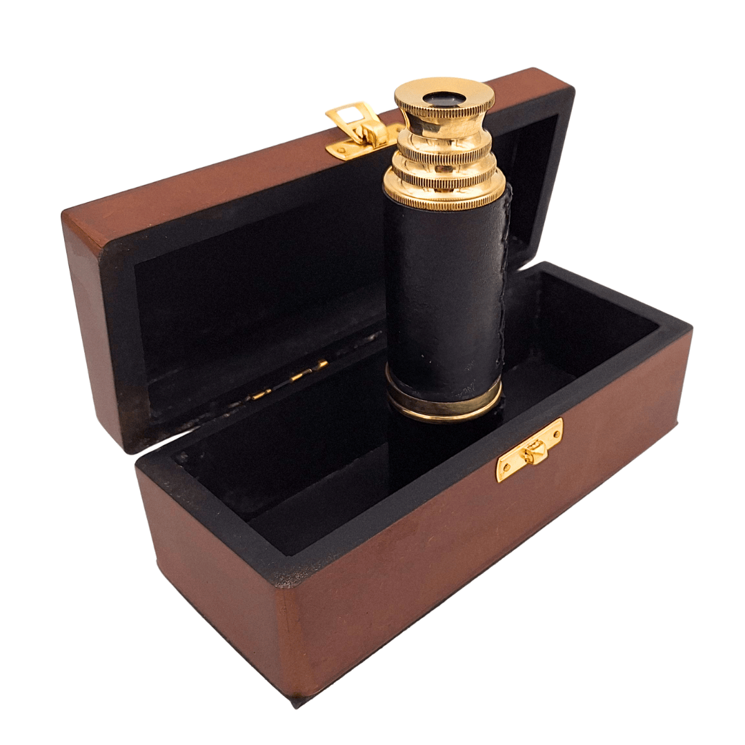 Brass and Leather Spyglass in a Wooden Box – HT01