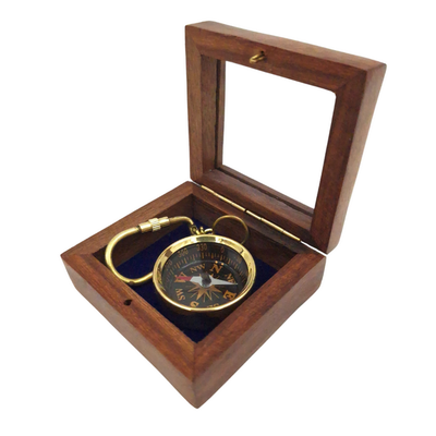 Stylish Vintage Brass Compass Keychain in a Wooden Box