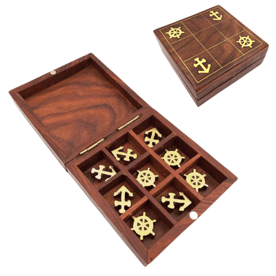 Wooden Nautical Tic-Tac-Toe with Engraving - Personalized Gift for a Sailor, Dimensions 10x10 cm, Elegant Design with Brass Accents