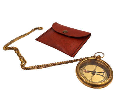 Brass compass on a chain in a leather case - CN215/2.5