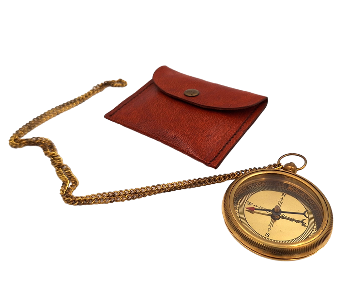 Brass compass on a chain in a leather case - CN215/2.5
